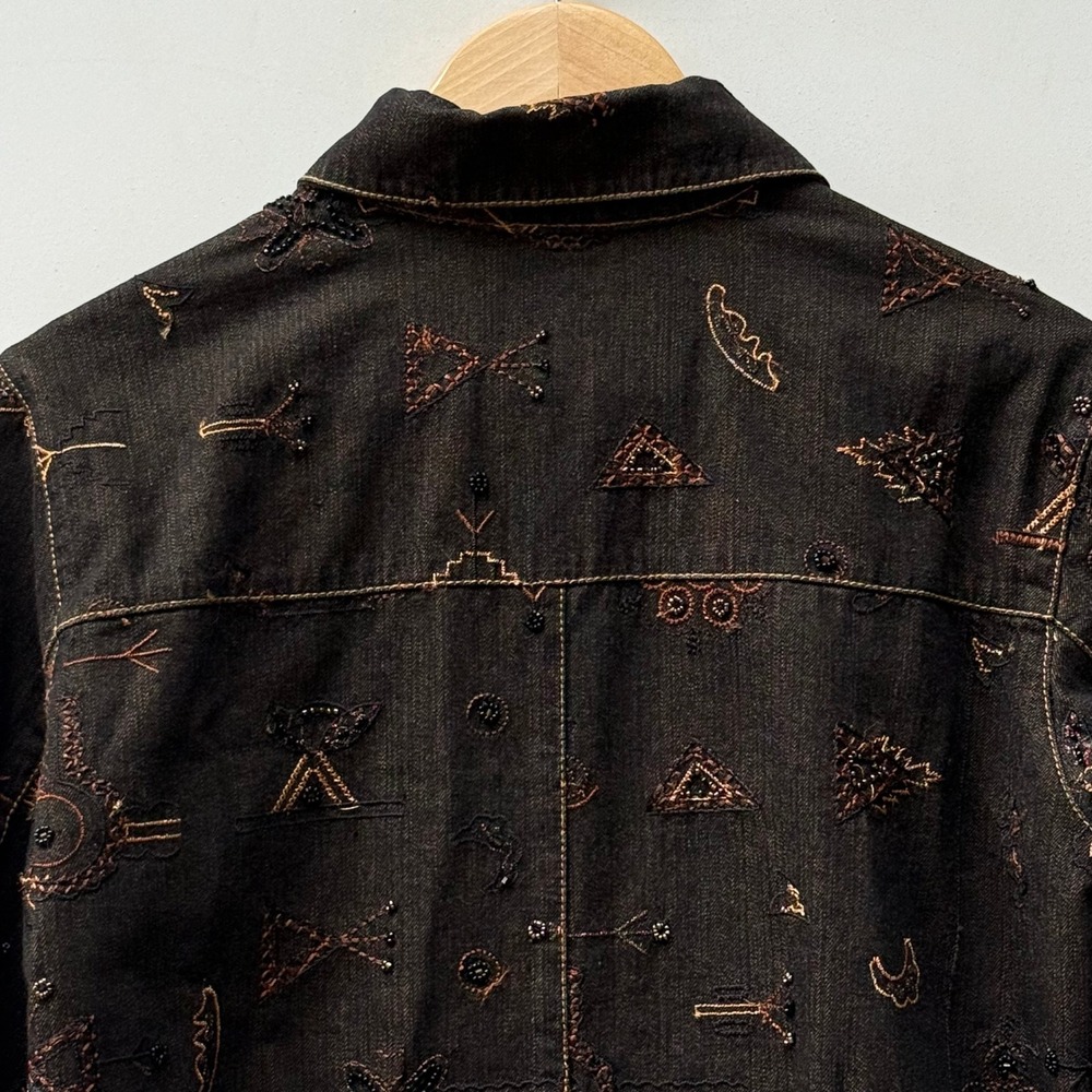Chico's Jacket Womens 1 Medium Brown Native Southwest Embellished Denim Shacket - Picture 6 of 9